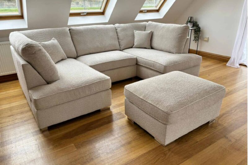 ﻿Carnaby Small U Shape Sofa in Cream with Matching Footstool