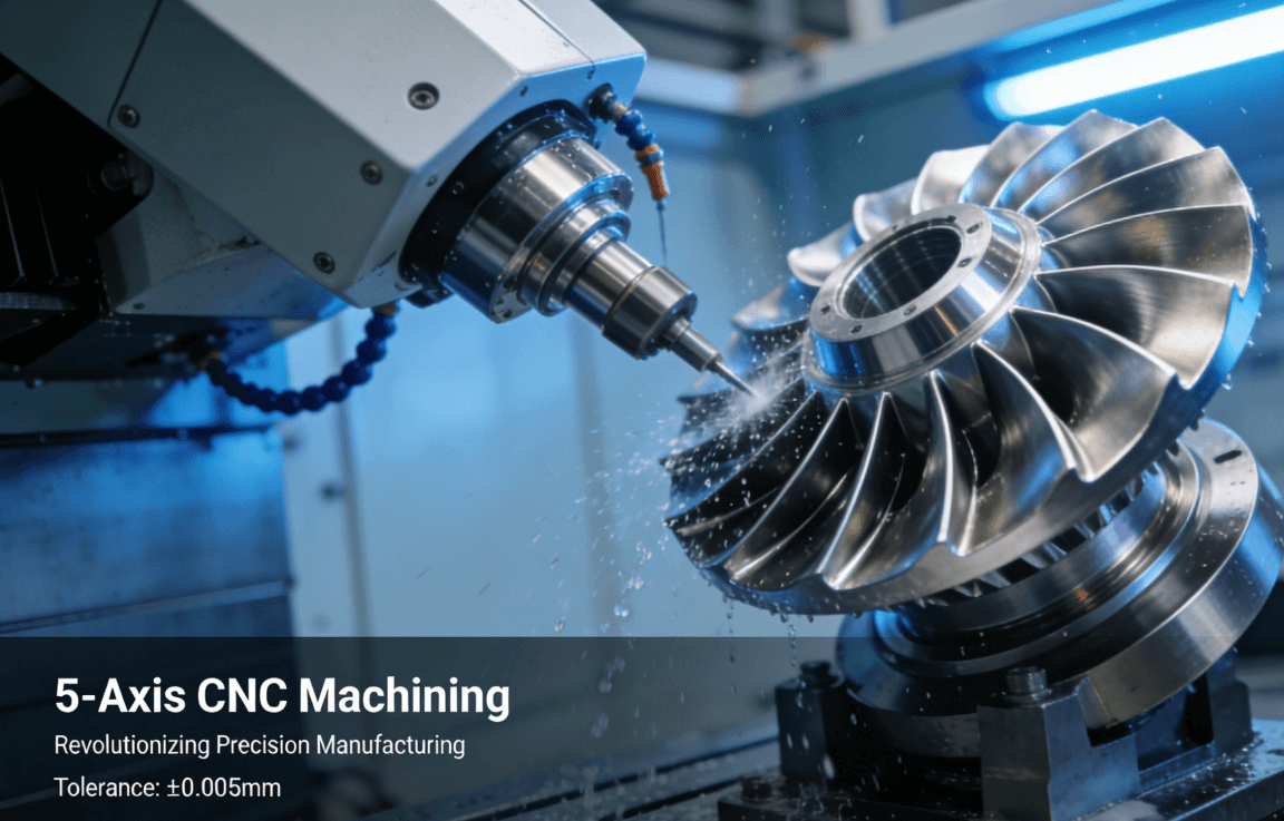 A high-precision 5-axis CNC machine machining an aerospace turbine blade, demonstrating multi-axis capability and ±0.005mm tolerance.