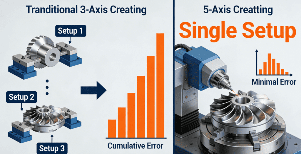 Infographic comparing the multiple setups of traditional 3-axis CNC machining with the single setup efficiency of 5-axis CNC for complex parts.
