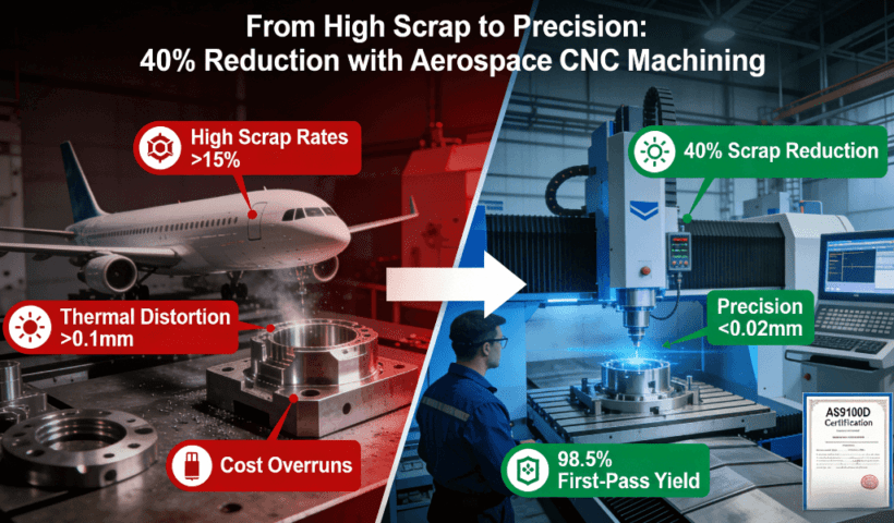 Comparison diagram showing traditional aerospace manufacturing problems (high scrap rates, thermal distortion) versus precision CNC solutions (40% scrap reduction, 98.5% first-pass yield) in an industrial setting.