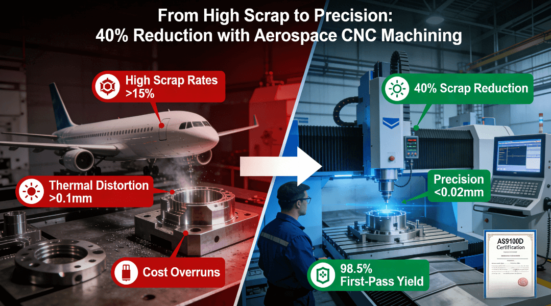 Comparison diagram showing traditional aerospace manufacturing problems (high scrap rates, thermal distortion) versus precision CNC solutions (40% scrap reduction, 98.5% first-pass yield) in an industrial setting.