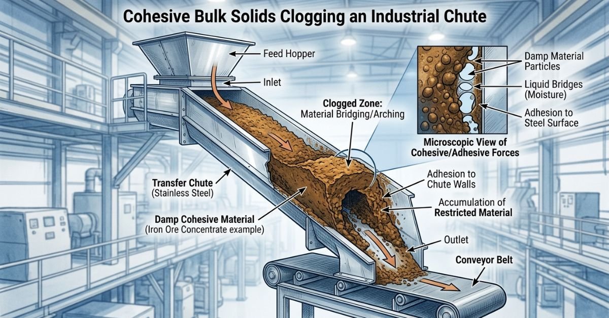 Cohesive Bulk Solids from Clogging Industrial Chutes